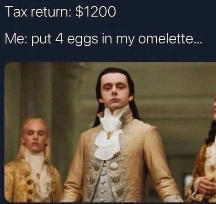 Tax return: $1200 Me: put 4 eggs in my omelette...
