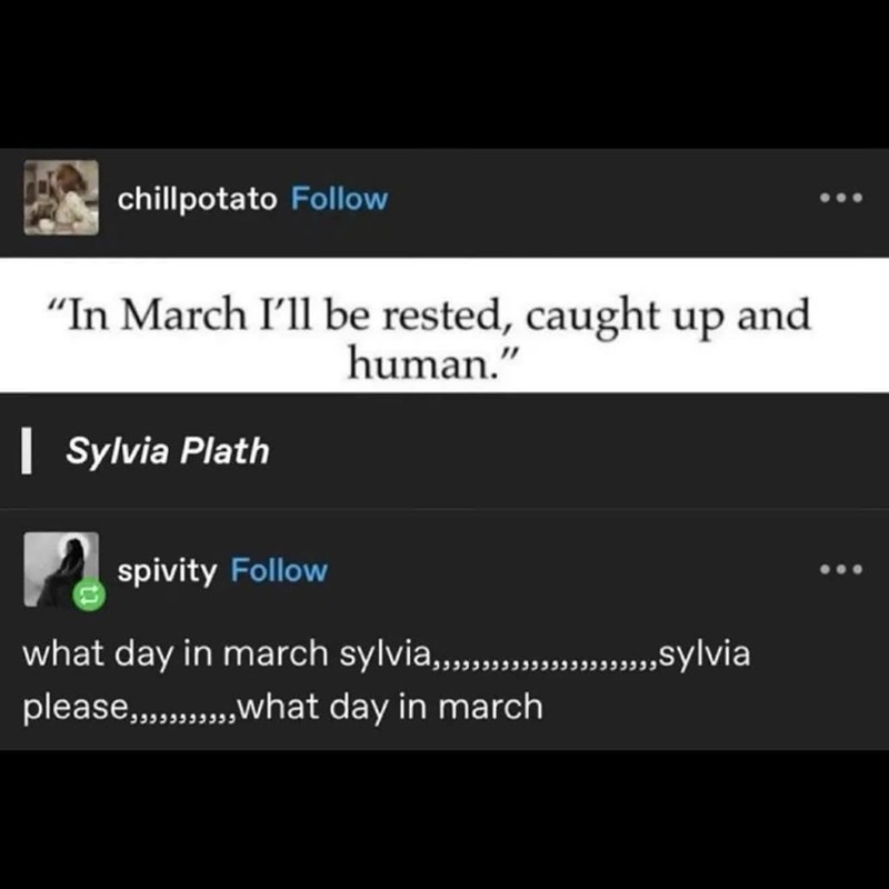 chillpotato Follow "In March I'll be rested, caught up | Sylvia Plath human." and spivity Follow what day in march sylvia,Sylvia please, what day in march
