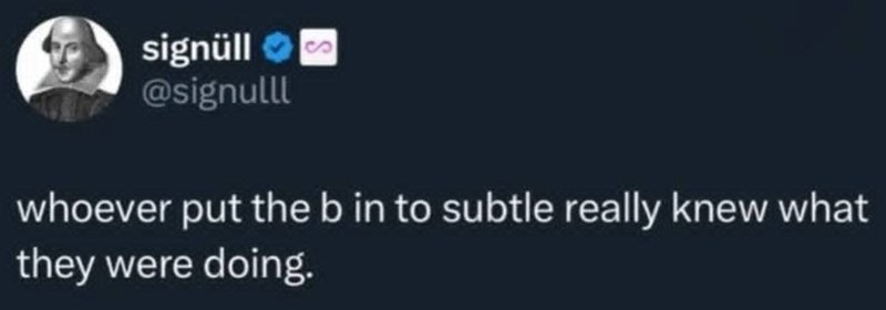 signüll @signulll whoever put the b in to subtle really knew what they were doing.