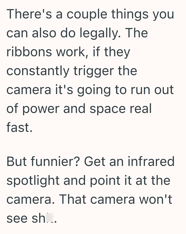 There's a couple things you can also do legally. The ribbons work, if they constantly trigger the camera it's going to run out of power and space real fast. But funnier? Get an infrared spotlight and point it at the camera. That camera won't see sh...
