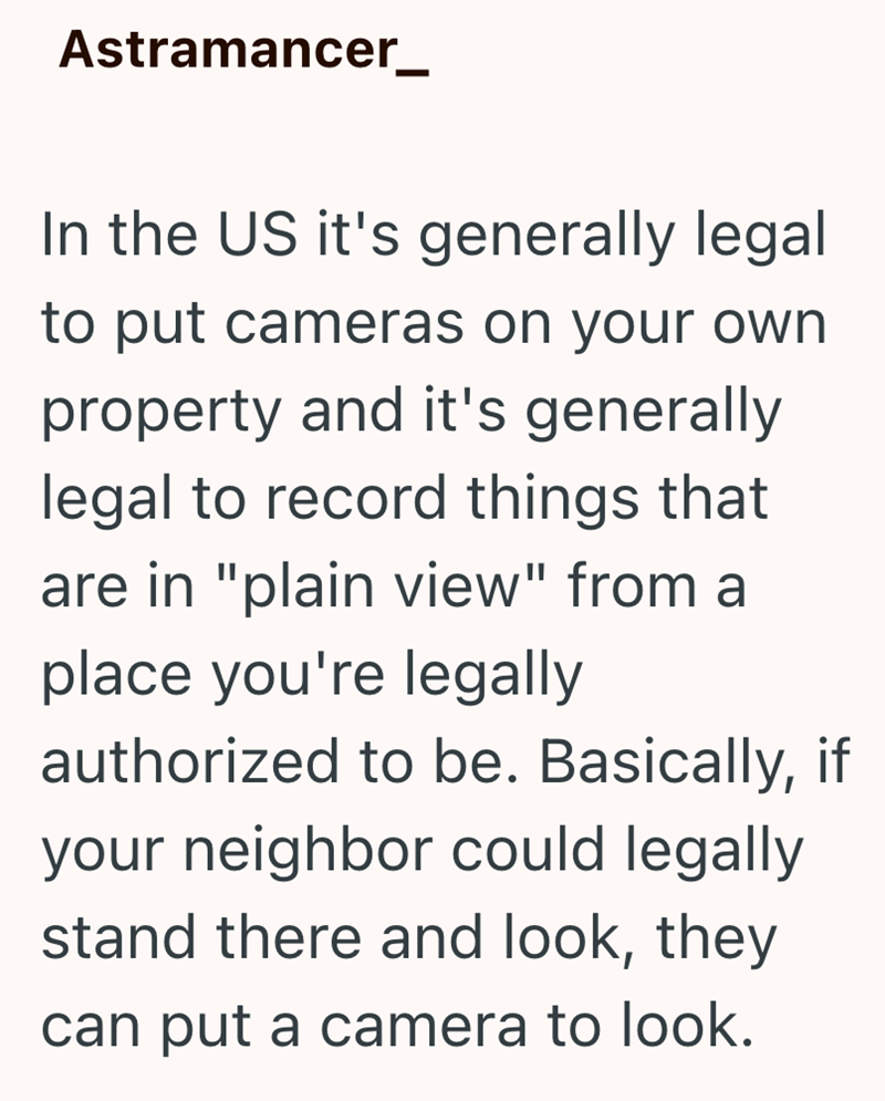 Astramancer_ In the US it's generally legal to put cameras on your own property and it's generally legal to record things that are in "plain view" from a place you're legally authorized to be. Basically, if your neighbor could legally stand there and look, they can put a camera to look.
