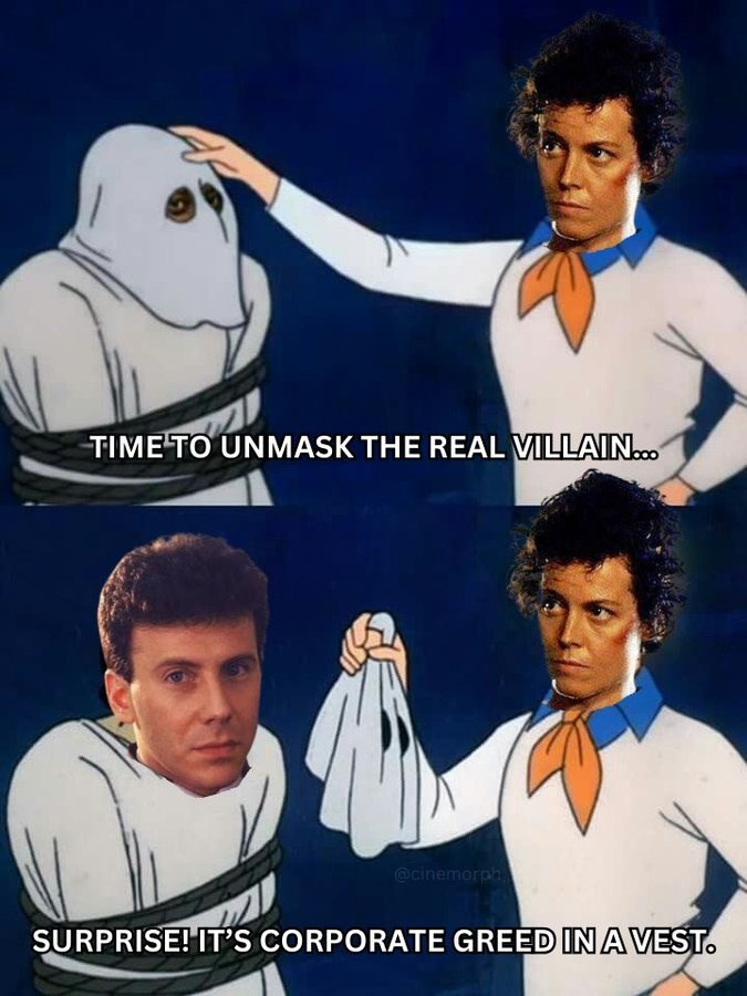 TIME TO UNMASK THE REAL VILLAIN... @cinemorph SURPRISE! IT'S CORPORATE GREED IN A VEST.