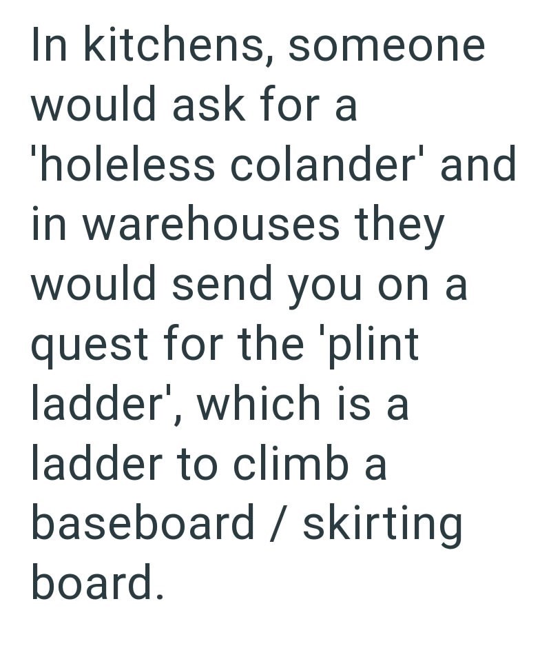 In kitchens, someone would ask for a 'holeless colander' and in warehouses they would send you on a quest for the 'plint ladder', which is a ladder to climb a baseboard / skirting board.