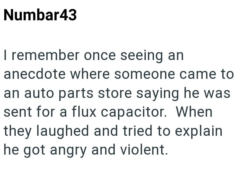 Numbar43 I remember once seeing an anecdote where someone came to an auto parts store saying he was sent for a flux capacitor. When they laughed and tried to explain he got angry and violent.