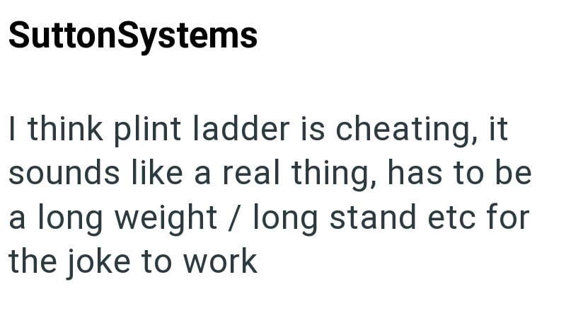 SuttonSystems I think plint ladder is cheating, it sounds like a real thing, has to be a long weight / long stand etc for the joke to work