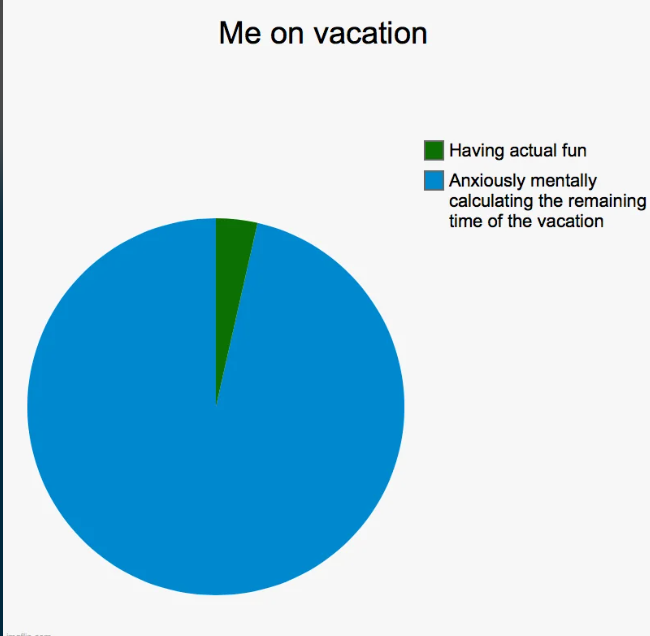 Me on vacation Having actual fun Anxiously mentally calculating the remaining time of the vacation