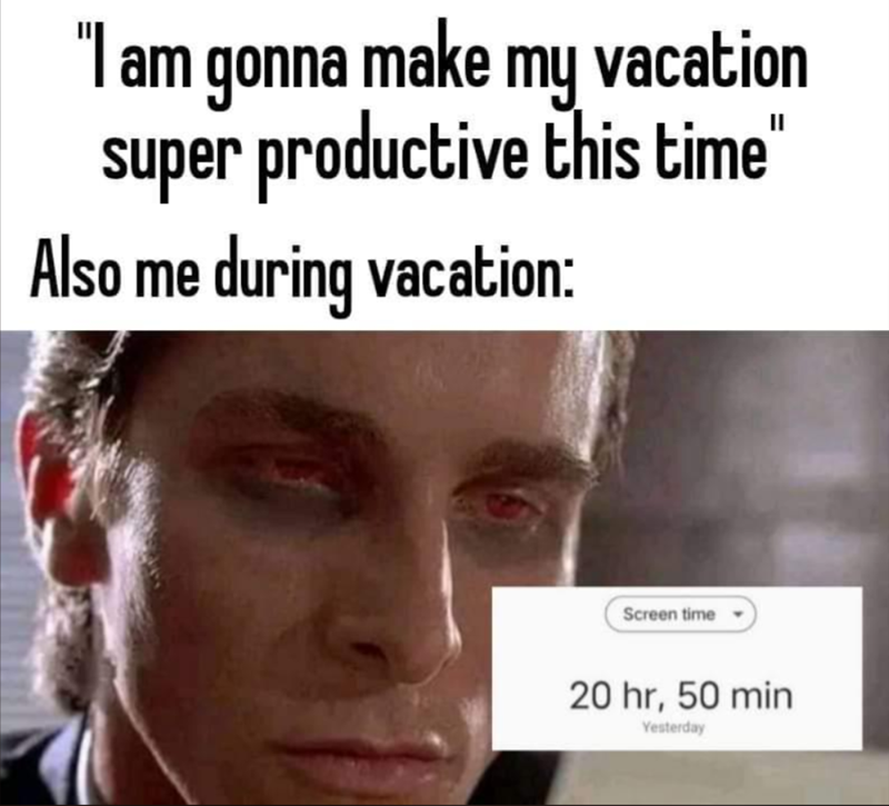 "I am gonna make my vacation super productive this time' Also me during vacation: Screen time 20 hr, 50 min Yesterday