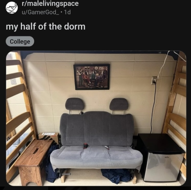 r/malelivingspace u/GamerGod_⚫ 1d my half of the dorm College 4