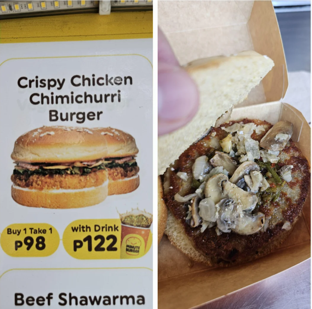 Crispy Chicken Chimichurri Burger Buy 1 Take 1 with Drink P98 P122 MINUTE BURGE Beef Shawarma