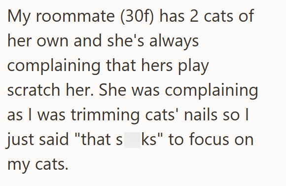 My roommate (30f) has 2 cats of her own and she's always complaining that hers play scratch her. She was complaining as I was trimming cats' nails so I just said "that sks" to focus on my cats.