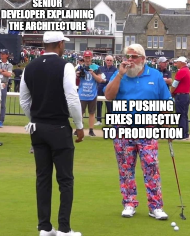 SENIOR DEVELOPER EXPLAINING THE ARCHITECTURE OPEN Official Social Media TheOpen ME PUSHING FIXES DIRECTLY TO PRODUCTION