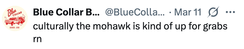 Blue COLLAR GOOD JOB • Blue Collar B... @BlueColla... Mar 11 Ø culturally the mohawk is kind of up for grabs rn ...