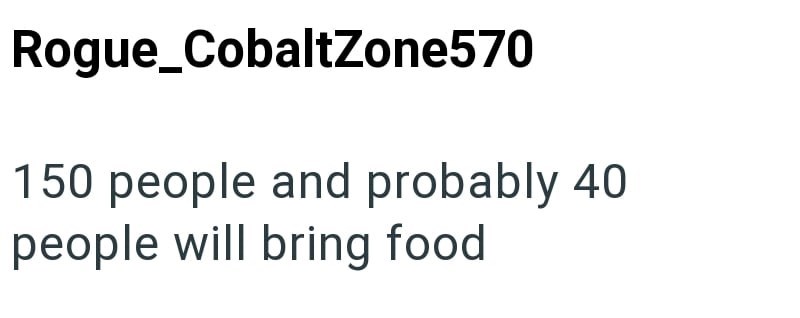 Rogue_CobaltZone570 150 people and probably 40 people will bring food