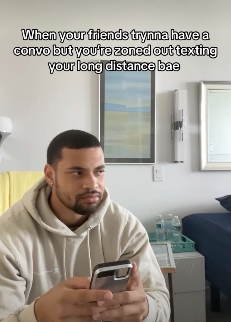 When your friends trynna have a convo but you're zoned out texting your long distance bae