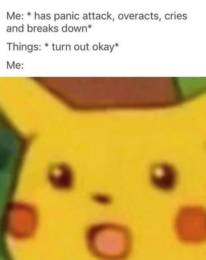. Me: *has panic attack, overacts, cries and breaks down* Things: turn out okay* Me: