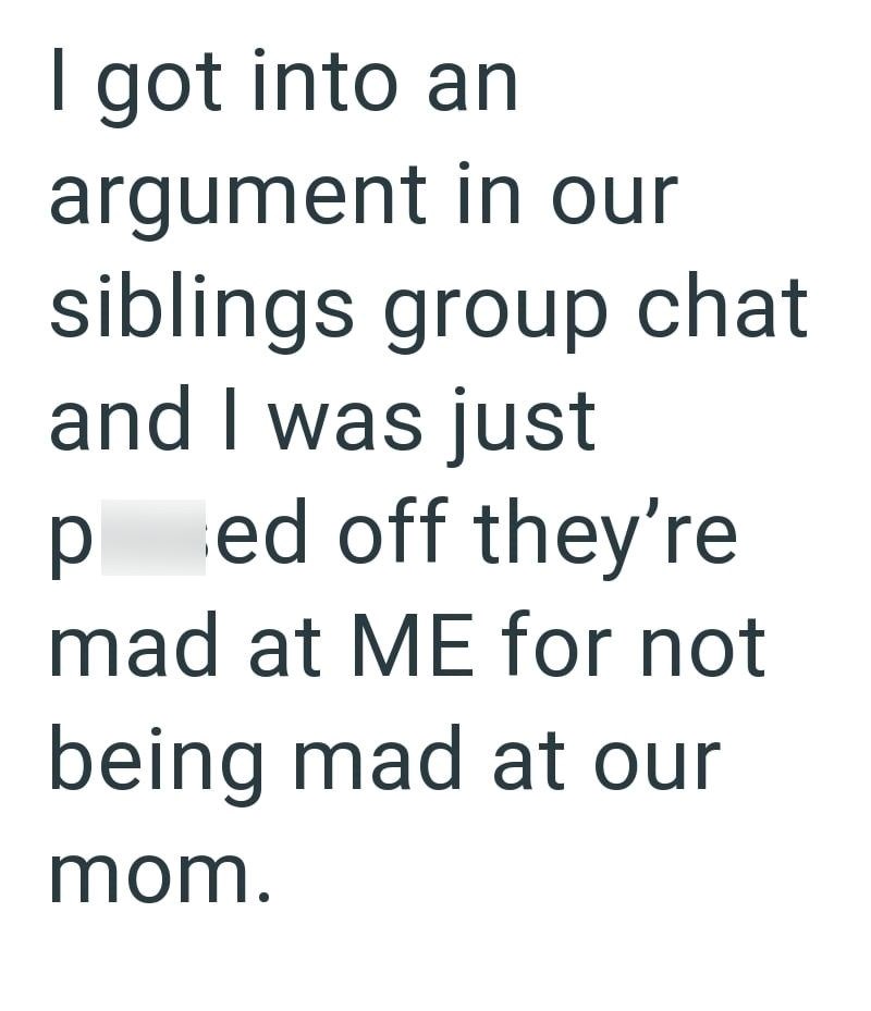 I got into an argument in our siblings group chat and I was just ped off they're mad at ME for not being mad at our mom.