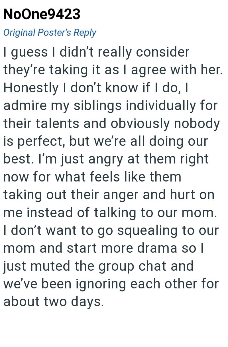 NoOne9423 Original Poster's Reply I guess I didn't really consider they're taking it as I agree with her. Honestly I don't know if I do, I admire my siblings individually for their talents and obviously nobody is perfect, but we're all doing our best. I'm just angry at them right now for what feels like them taking out their anger and hurt on me instead of talking to our mom. I don't want to go squealing to our mom and start more drama so I just muted the group chat and we've been ignoring each