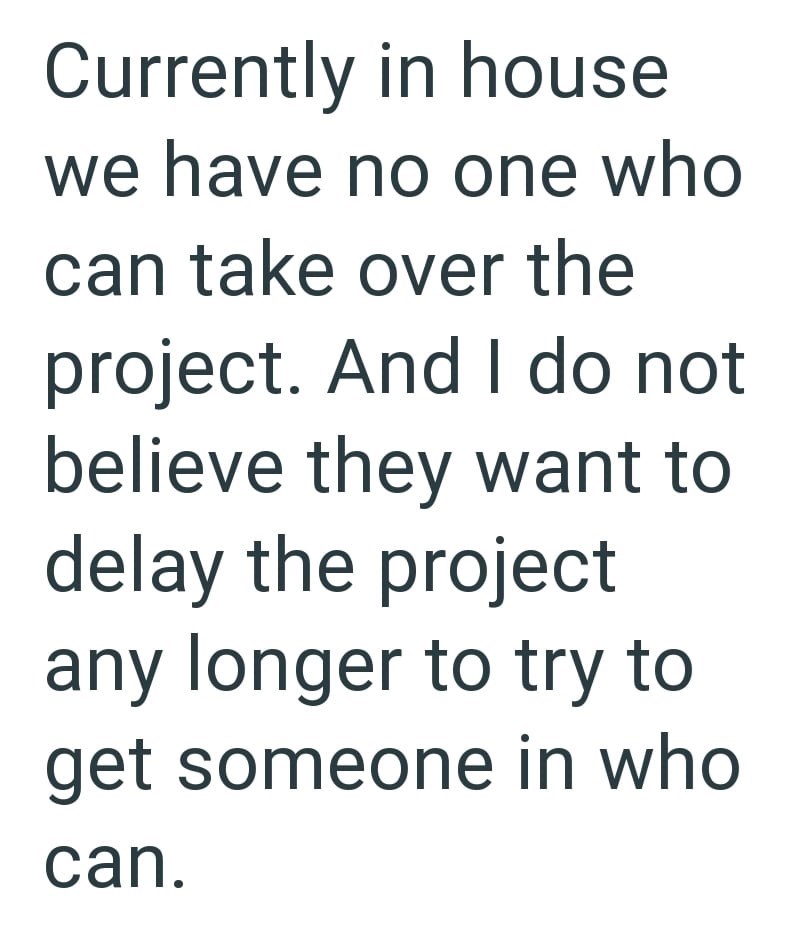 Currently in house we have no one who can take over the project. And I do not believe they want to delay the project any longer to try to get someone in who can.