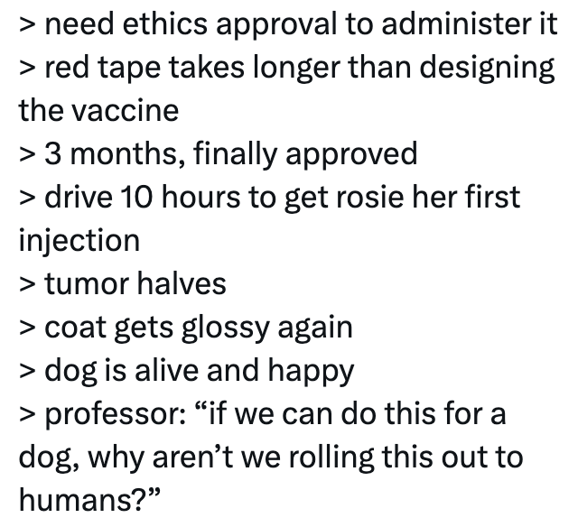 > need ethics approval to administer it > red tape takes longer than designing the vaccine > 3 months, finally approved > drive 10 hours to get rosie her first injection > tumor halves > coat gets glossy again > dog is alive and happy > professor: "if we can do this for a dog, why aren't we rolling this out to humans?"