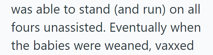 was able to stand (and run) on all fours unassisted. Eventually when the babies were weaned, vaxxed