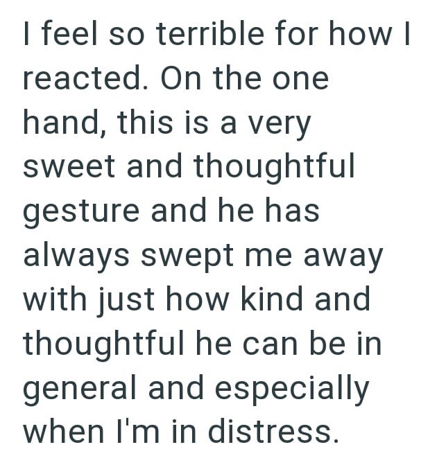 I feel so terrible for how I reacted. On the one hand, this is a very sweet and thoughtful gesture and he has always swept me away with just how kind and thoughtful he can be in general and especially when I'm in distress.