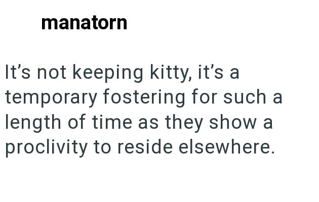manatorn It's not keeping kitty, it's a temporary fostering for such a length of time as they show a proclivity to reside elsewhere.