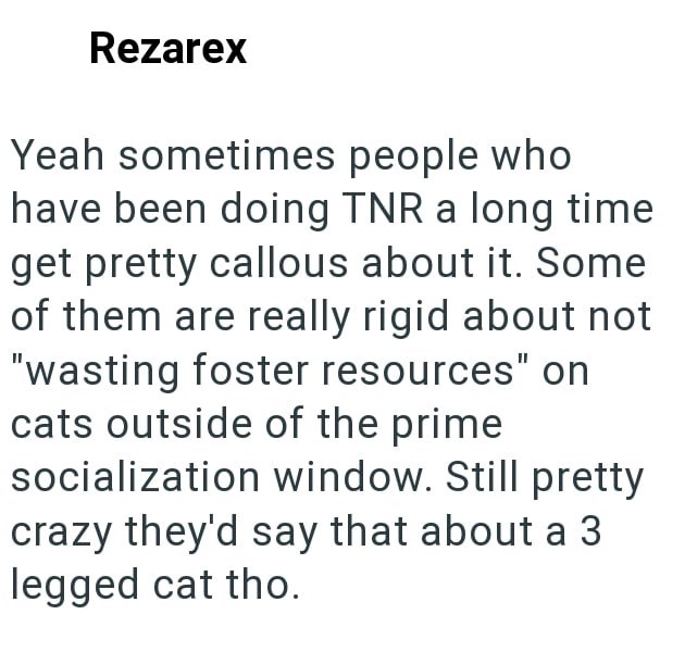 Rezarex Yeah sometimes people who have been doing TNR a long time get pretty callous about it. Some of them are really rigid about not "wasting foster resources" on cats outside of the prime socialization window. Still pretty crazy they'd say that about a 3 legged cat tho.