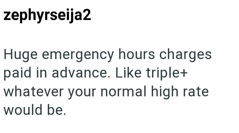 zephyrseija2 Huge emergency hours charges paid in advance. Like triple+ whatever your normal high rate would be.