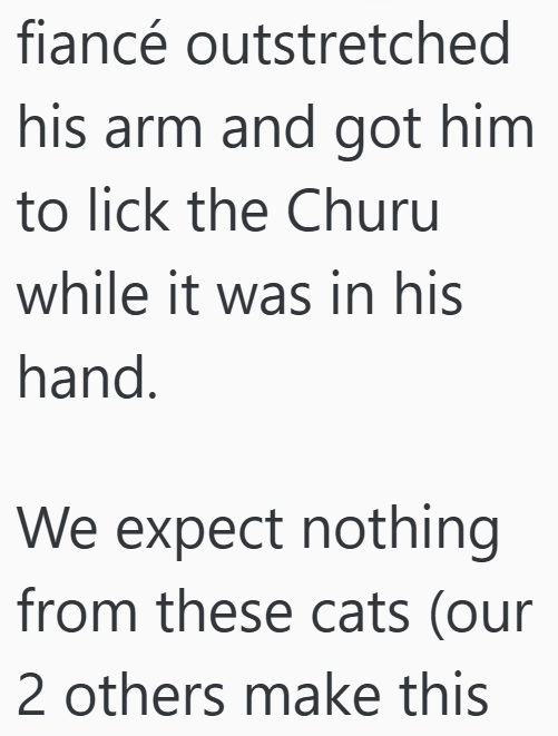 fiancé outstretched his arm and got him to lick the Churu while it was in his hand. We expect nothing from these cats (our 2 others make this