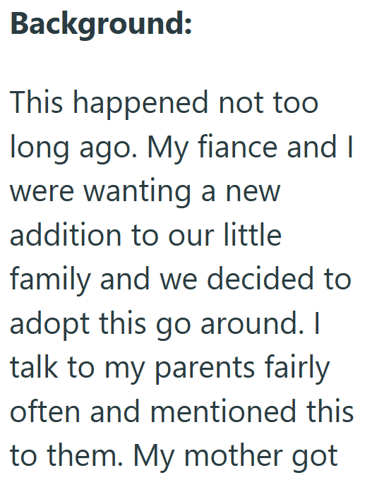 Background: This happened not too long ago. My fiance and I were wanting a new addition to our little family and we decided to adopt this go around. I talk to my parents fairly often and mentioned this to them. My mother got