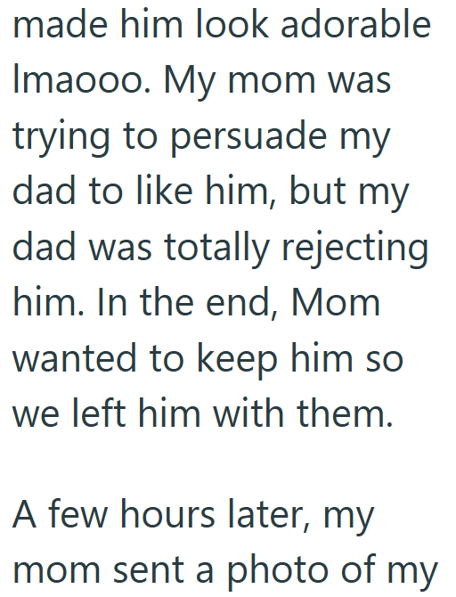 made him look adorable Imaooo. My mom was trying to persuade my dad to like him, but my dad was totally rejecting him. In the end, Mom wanted to keep him so we left him with them. A few hours later, my mom sent a photo of my