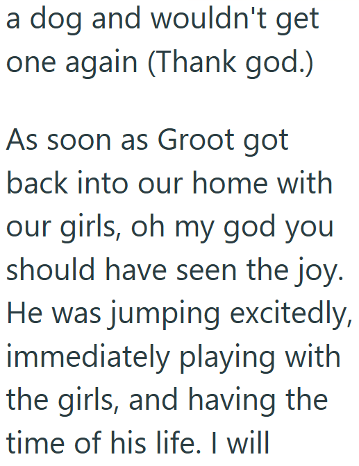 a dog and wouldn't get one again (Thank god.) As soon as Groot got back into our home with our girls, oh my god you should have seen the joy. He was jumping excitedly, immediately playing with the girls, and having the time of his life. I will