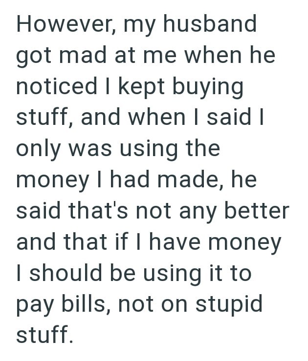 However, my husband got mad at me when he noticed I kept buying stuff, and when I said I only was using the money I had made, he said that's not any better and that if I have money I should be using it to pay bills, not on stupid stuff.