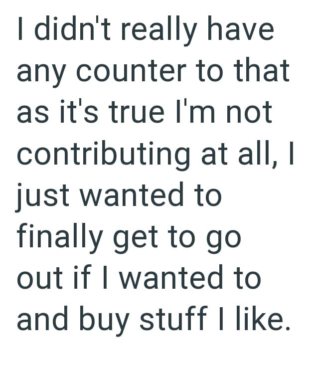 I didn't really have any counter to that as it's true I'm not contributing at all, I just wanted to finally get to go out if I wanted to and buy stuff I like.
