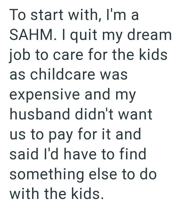 To start with, I'm a SAHM. I quit my dream job to care for the kids as childcare was expensive and my husband didn't want us to pay for it and said I'd have to find something else to do with the kids.