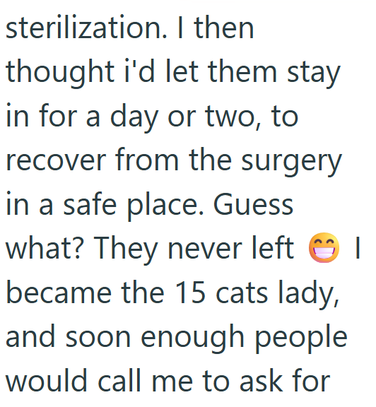 sterilization. I then thought i'd let them stay in for a day or two, to recover from the surgery in a safe place. Guess what? They never left I became the 15 cats lady, and soon enough people would call me to ask for
