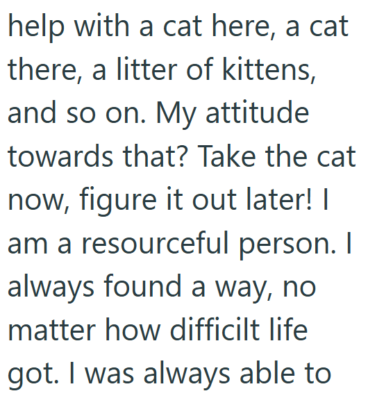 help with a cat here, a cat there, a litter of kittens, and so on. My attitude towards that? Take the cat now, figure it out later! I am a resourceful person. I always found a way, no matter how difficilt life got. I was always able to