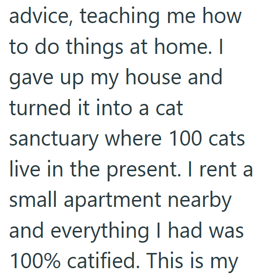advice, teaching me how to do things at home. I gave up my house and turned it into a cat sanctuary where 100 cats live in the present. I rent a small apartment nearby and everything I had was 100% catified. This is my