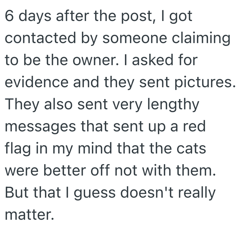 6 days after the post, I got contacted by someone claiming to be the owner. I asked for evidence and they sent pictures. They also sent very lengthy messages that sent up a red flag in my mind that the cats were better off not with them. But that I guess doesn't really matter.