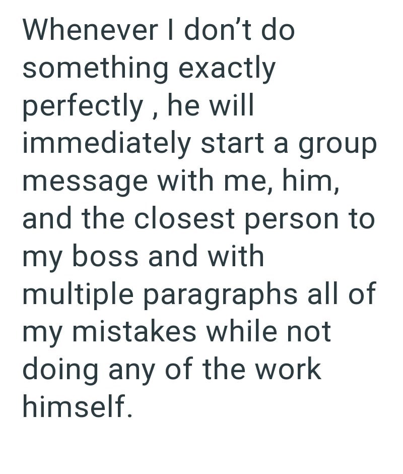 Whenever I don't do something exactly perfectly, he will immediately start a group message with me, him, and the closest person to my boss and with multiple paragraphs all of my mistakes while not doing any of the work himself.