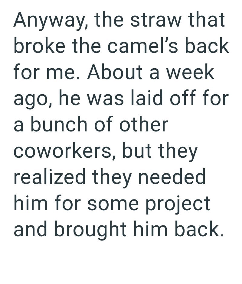 Anyway, the straw that broke the camel's back for me. About a week ago, he was laid off for a bunch of other coworkers, but they realized they needed him for some project and brought him back..