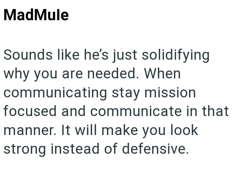 MadMule Sounds like he's just solidifying why you are needed. When communicating stay mission. focused and communicate in that manner. It will make you look strong instead of defensive.
