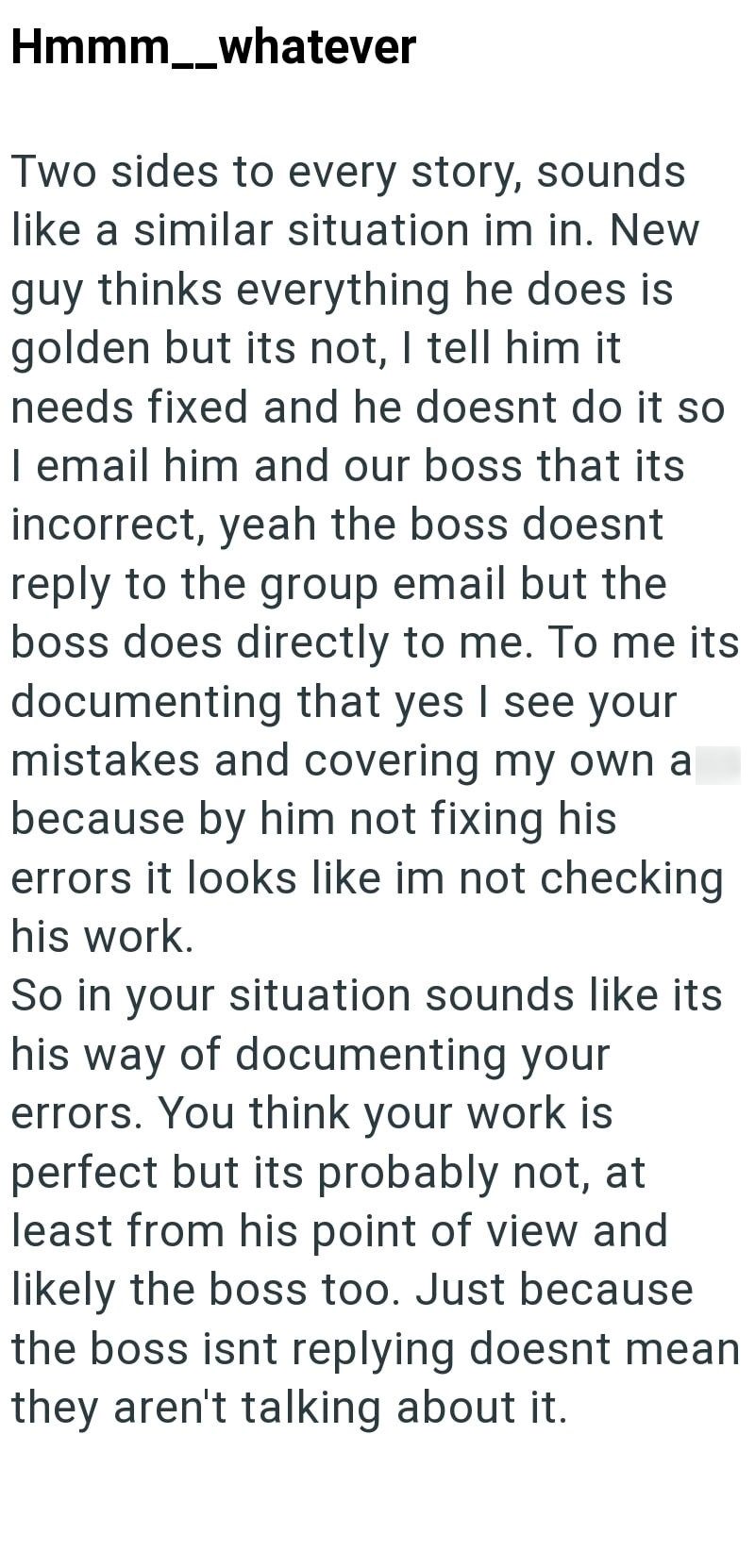 Hmmm__whatever Two sides to every story, sounds like a similar situation im in. New guy thinks everything he does is golden but its not, I tell him it needs fixed and he doesnt do it so I email him and our boss that its incorrect, yeah the boss doesnt reply to the group email but the boss does directly to me. To me its documenting that yes I see your mistakes and covering my own a because by him not fixing his errors it looks like im not checking his work. So in your situation sounds like its hi