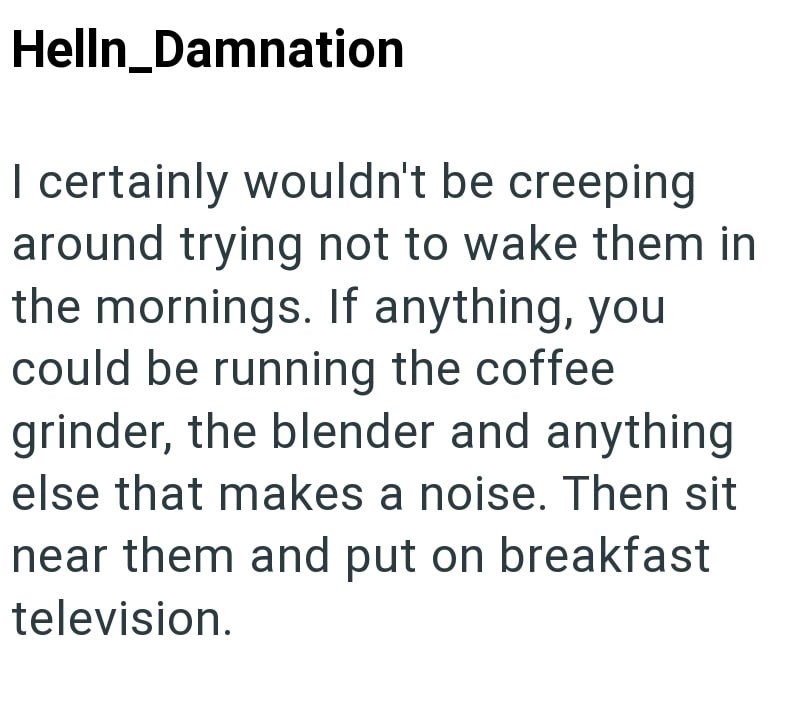 Helln_Damnation I certainly wouldn't be creeping around trying not to wake them in the mornings. If anything, you could be running the coffee grinder, the blender and anything else that makes a noise. Then sit near them and put on breakfast television.