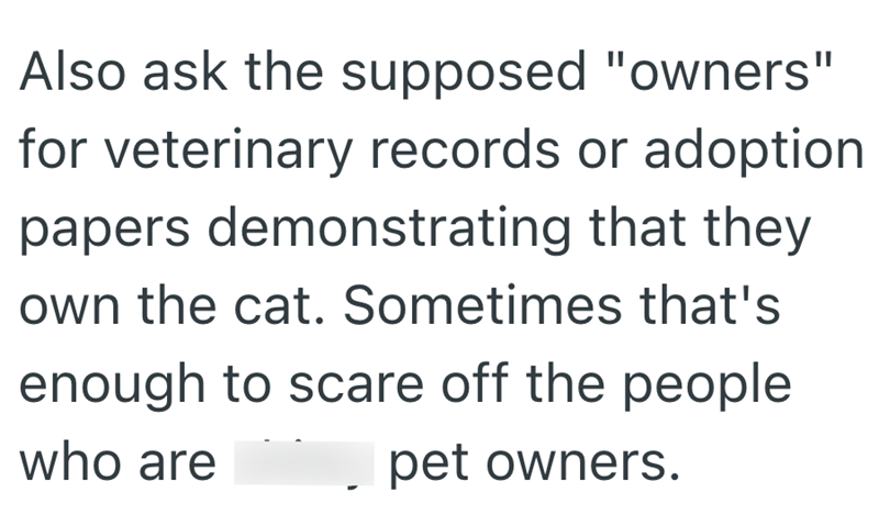 Also ask the supposed "owners" for veterinary records or adoption papers demonstrating that they own the cat. Sometimes that's enough to scare off the people who are pet owners.