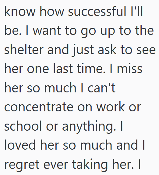know how successful I'll be. I want to go up to the shelter and just ask to see her one last time. I miss her so much I can't concentrate on work or school or anything. I loved her so much and I regret ever taking her. I