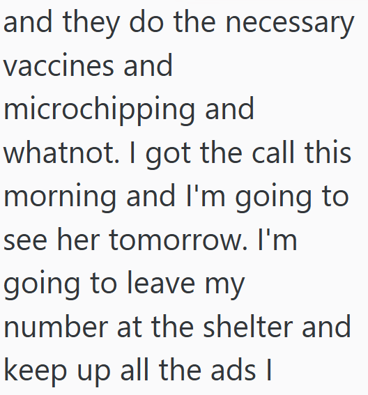 and they do the necessary vaccines and microchipping and whatnot. I got the call this morning and I'm going to see her tomorrow. I'm going to leave my number at the shelter and keep up all the ads I