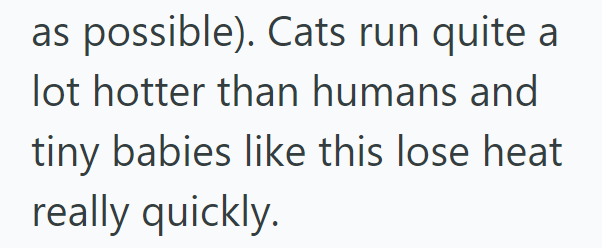 as possible). Cats run quite a lot hotter than humans and tiny babies like this lose heat really quickly.