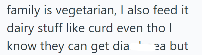 family is vegetarian, I also feed it dairy stuff like curd even tho I know they can get dia. ea but