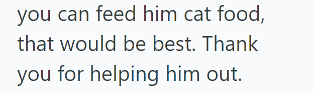 you can feed him cat food, that would be best. Thank you for helping him out.